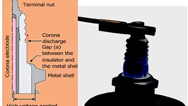 Is a stain between the insulator and metal shell caused by gas leakage?